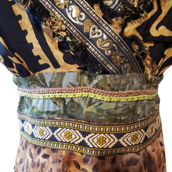 Faith tribal print midi dress boho fringe trim beaded embroidered smocked Size M - Picture 3 of 16